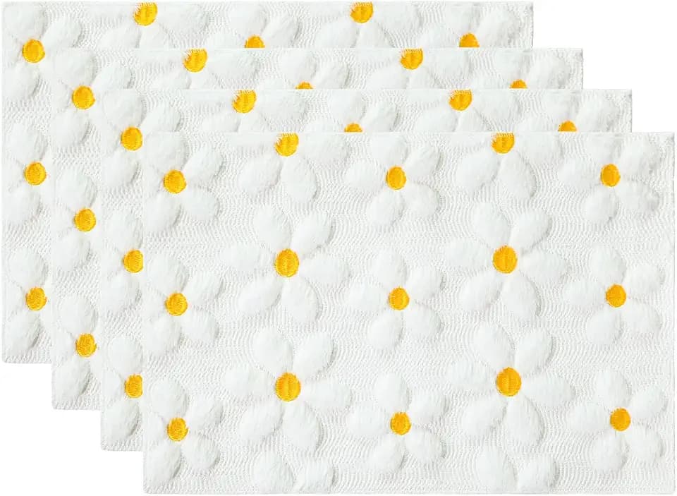Artoid Mode White Daisy Embroidery Spring Placemats Set of 4, 12x18 Inch Soft Plush Faux Fur Wool Holiday Table Mats for Party Kitchen Dining Decoration