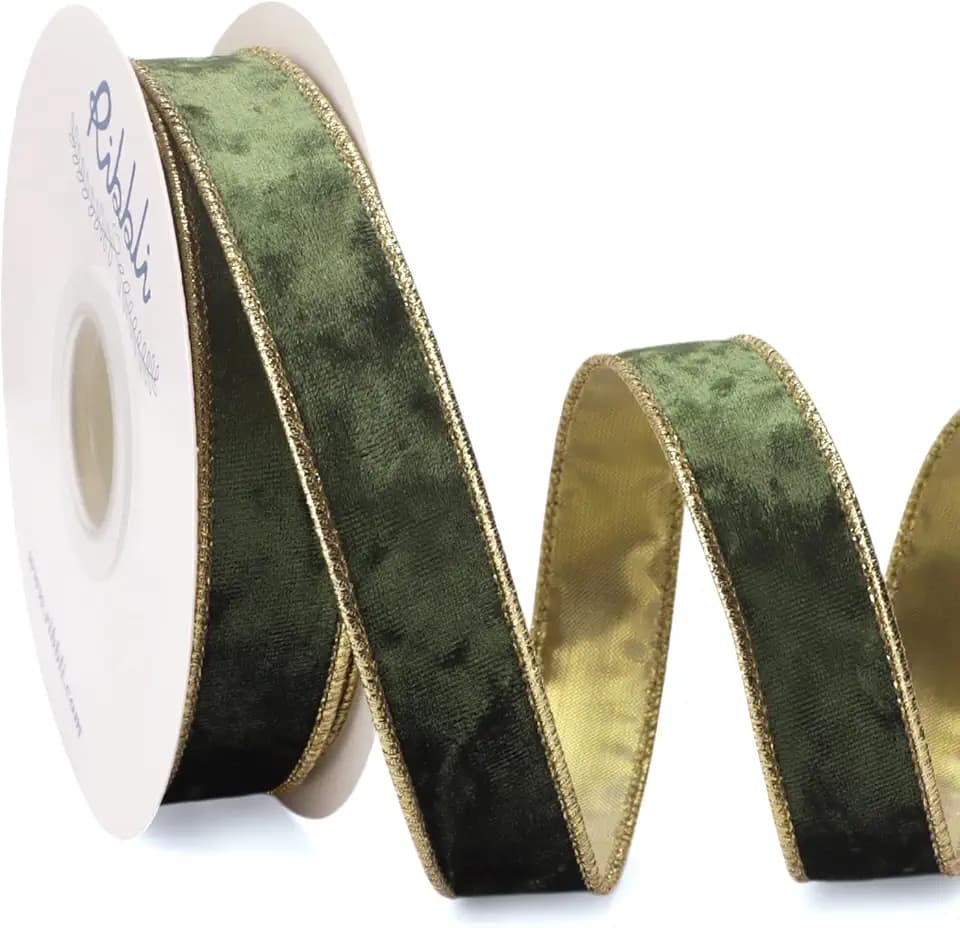 Ribbli Moss Green Crushed Velvet Wired Ribbon 1" x 10 Yds Continuous
