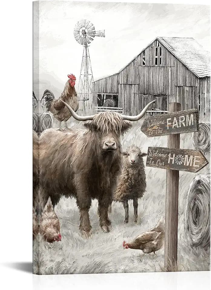 sechars Rustic Farm Wall Decor Farmhouse Highland Cow Painting Pictures Vintage Barn Windmill Artwork Framed 24"x36" (Brown)