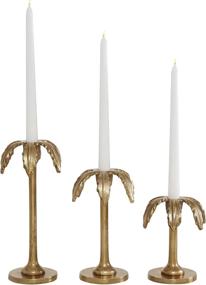 Deco 79 Aluminum Metal Decorative Candle Holder Palm Tree Candle Stand, Set of 3 Candlestick Holder 6", 8", 10"H, Gold