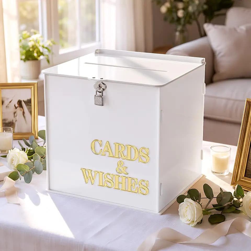 White Wedding Card Box with Lock, Acrylic Card Box for Wedding Reception