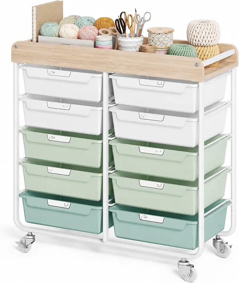 TOOLF 10 Drawer Rolling Cart, Craft Organizer with Mobile Storage Green