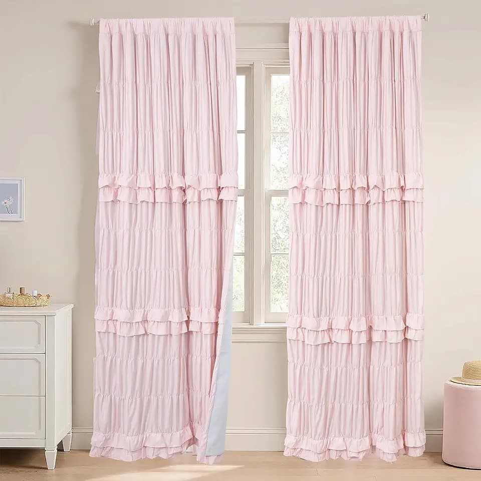 Pink Ruffle Blackout Curtains for Girls Bedroom 63 inches Length 2 Panels