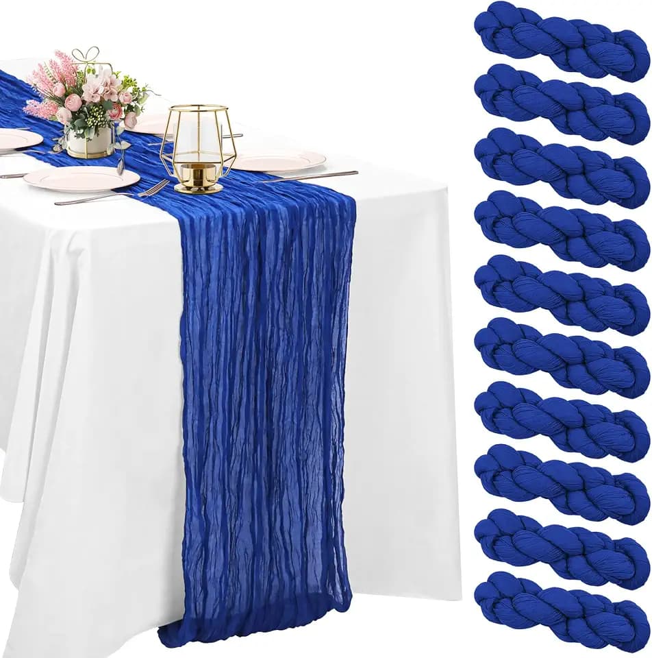 10 Pack Royal Blue Cheesecloth Table Runner 6FT Boho Gauze Fabric Table Runner Vintage Rustic Sheer Runners for Wedding Party Bridal Baby Shower Long Table Decorations