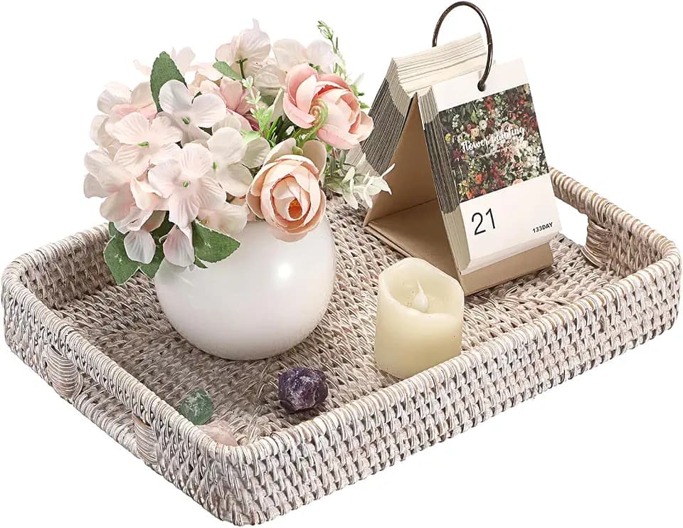Hipiwe Rattan Serving Tray with Handles Handwoven Basket Tray, Whitewash