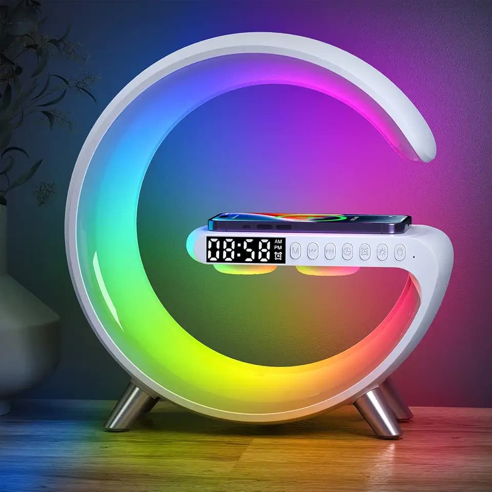 Smart LED Table Lamp, 4-in-1 Wireless Charger, Music Rhythm Ambient Night Light, Alarm Clock, and Bluetooth Speaker with App Control, G-Shaped Lamp for Bedroom, Office and Home Decor (White)