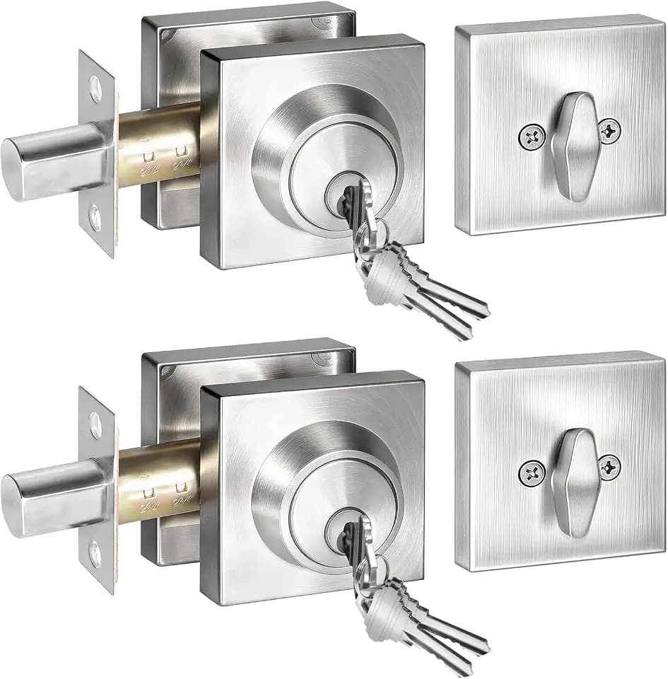 Satin Nickel Square Deadbolt Lock 2 Pack, Keyed Alike Single Cylinder Deadbolt Lock for Front Door Entrance, Modern Keyed Dead Bolt for Exterior & Interior, Keyed 1 Side