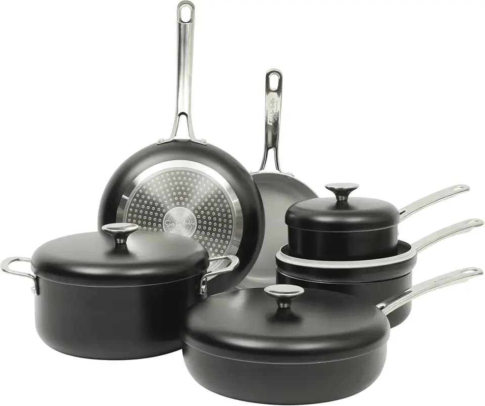 Sur La Table Kitchen Essentials Potluck Porch 10 Piece PFA Free Ceramic Non stick Interior Forged Aluminum Cookware Pots and Pans Set W/Aluminum Lids - Black - Induction Compatible
