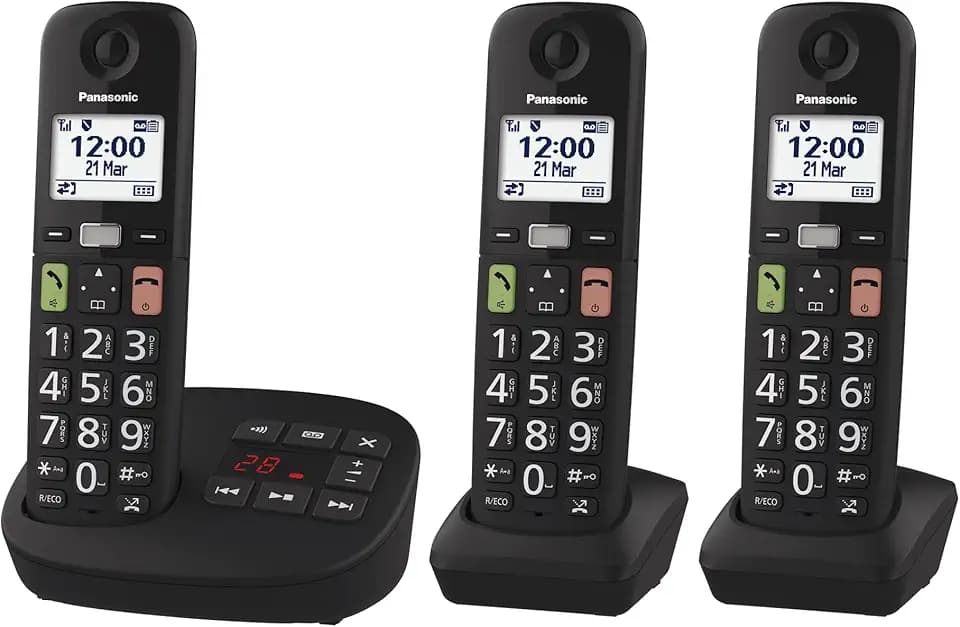 Panasonic KX-TGU133EXB digitales schnurloses Telefon mit Anrufbeantworter, Basisstation & 3 Mobilteile, LCD-Display, große Tasten, Favoriten-Taste, hörgerätekompatibel, Schwarz