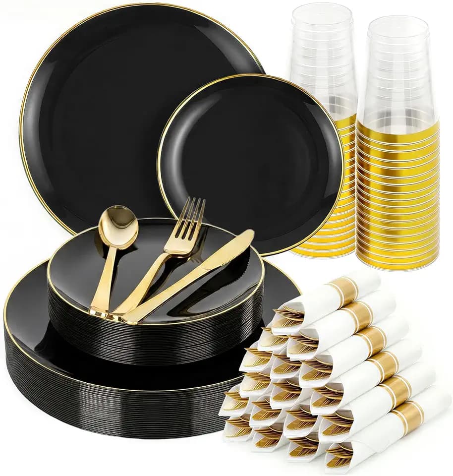 Black Gold Dinnerware Set Disposable Plates for 175PCS 25 Guests