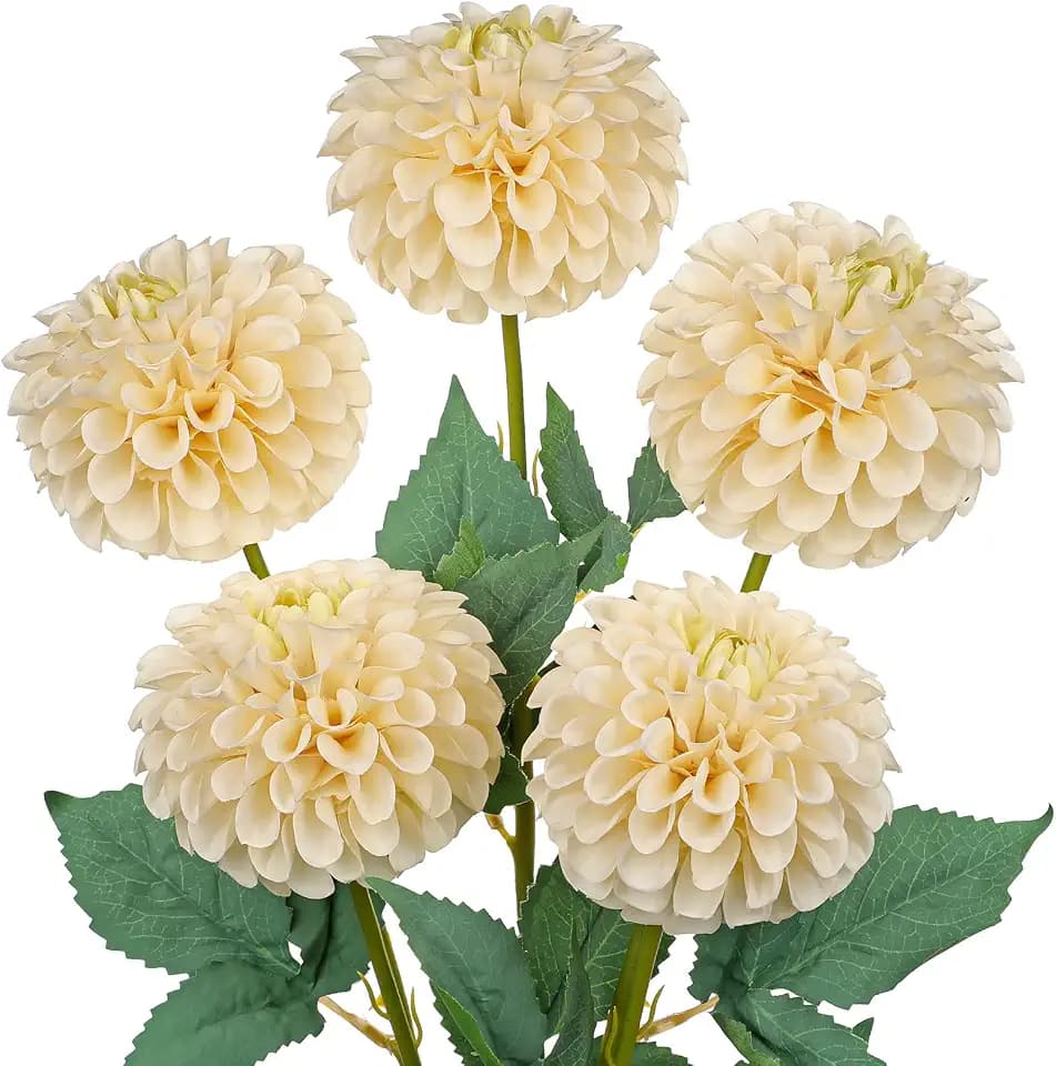 Hollyone 5PCS Artificial Dahlia Flowers Large 21.2" Fake Silk Flowers White Real Looking Dahlia with Long Stems for DIY Wedding Bouquets Centerpieces Arrangements Bridal Shower Party Home Decorations