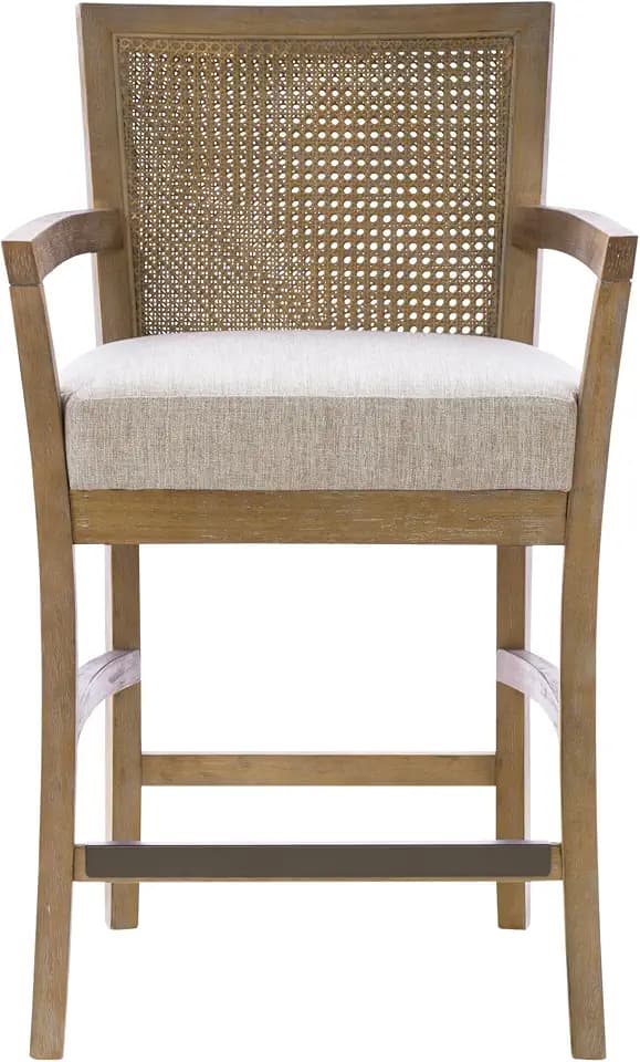 Madison Park Bar Stool with Rattan Back, Wood Counter Height Barstools, Farmhouse Stools with Open Arm Design, Mid-Century Modern Upholstered Bar Chair for Kitchen Island, 25.5" H