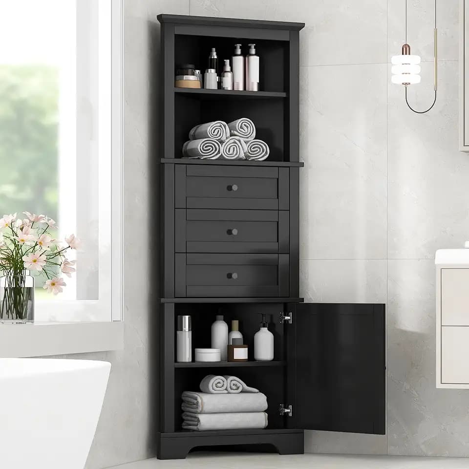 Storage Corner Cabinet with 3 Drawers and Door, Tall Line Pantry Home Space Saver for Bathroom, Living Room, Kitchen, Adjustable Shelf, Black
