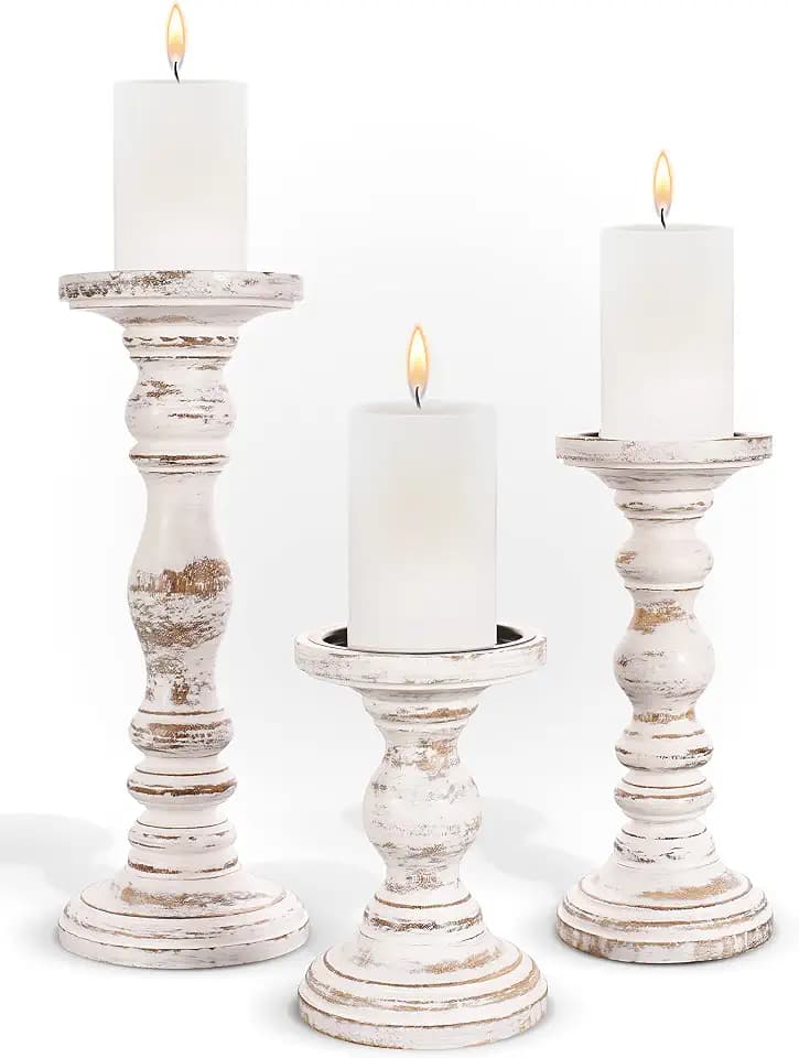 Wooden Pillar Candle Holder, Farmhouse Fireplace Mantel Decor, Rustic White