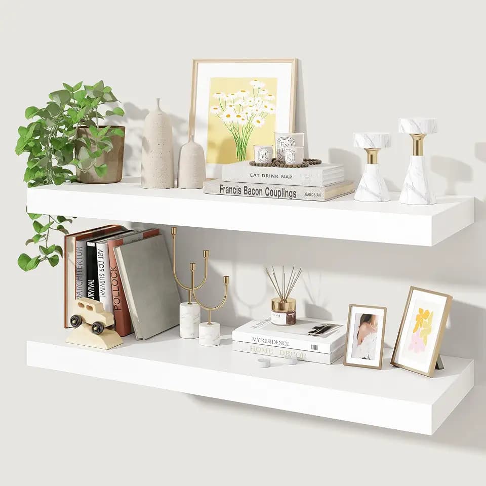 Axeman 32Inch Floating Shelves for Wall, 2 Pack Shelves for Bedroom, Bathroom, Kitchen, Hanging Wall Mounted Rustic Wood Shelf with Invisible Brackets for Books Decor, White