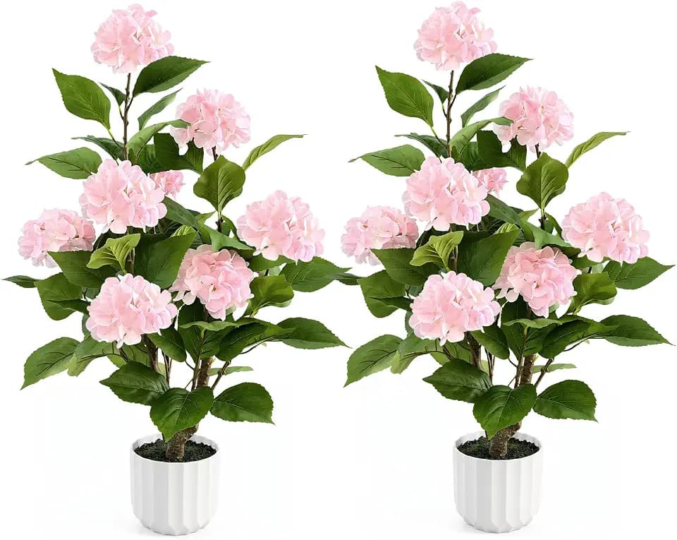 3FT Artificial Hydrangea Tree 2 Pack, Realistic Faux Hydrangea Plants in Pot with Pink Flowers, Lifelike Faux Greenery Home Indoor Outdoor Front Porch Garden or Wedding, Pink