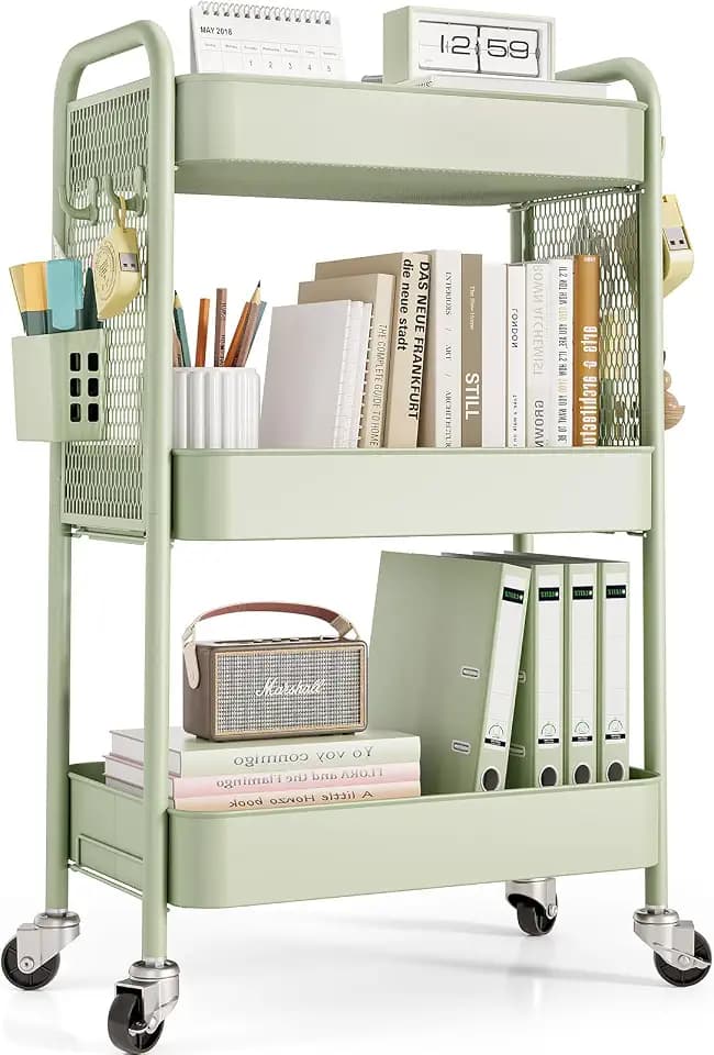 TOOLF 3 Tier Rolling Cart, Metal Utility Storage Cart with Pegboard, Green