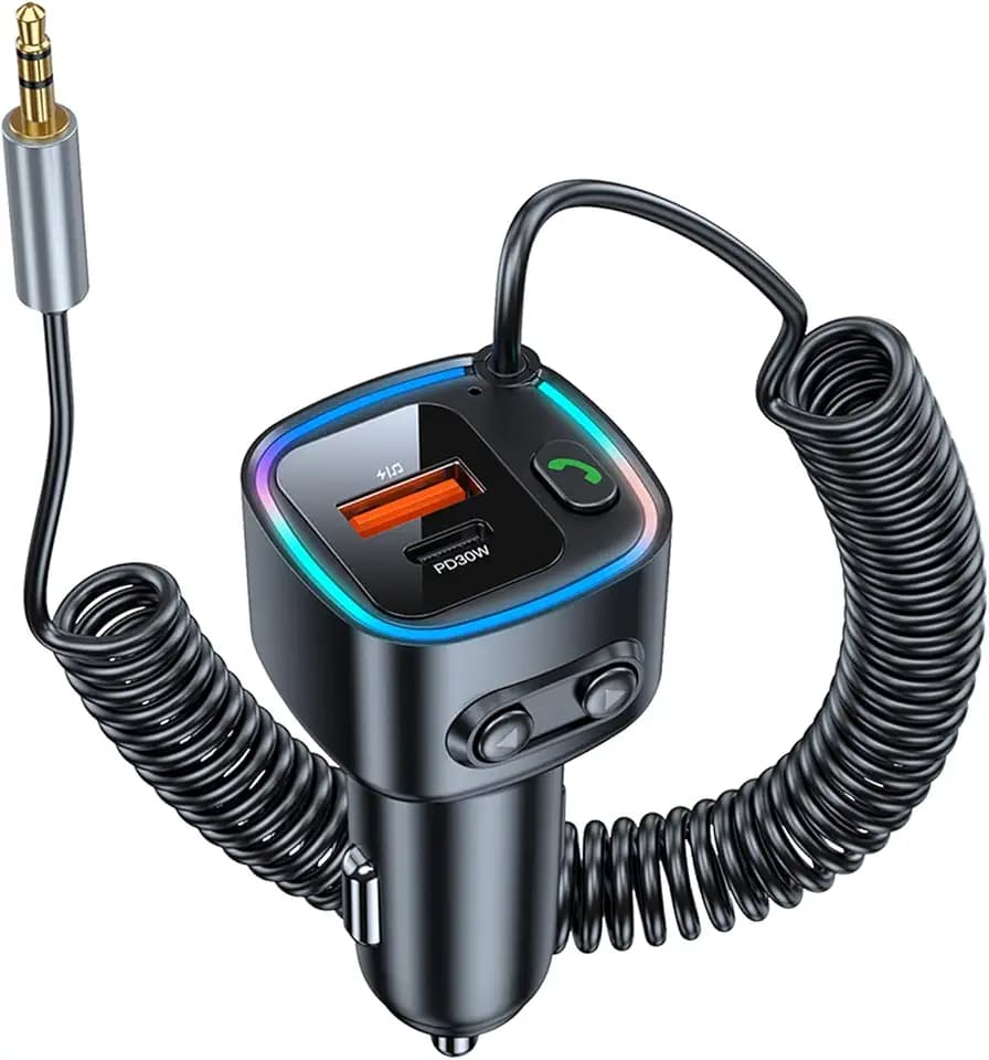 Aux Bluetooth 5.4 Adapter Auto Bluetooth Empfänger Klinke 3.5mm für Freisprechanruf und Wireless Musik Kompatibel Schnellladung AutoLadegerät 42W (PD 30W&QC 12W) HiFi-Stereo U-Disk RGB Umgebungslicht