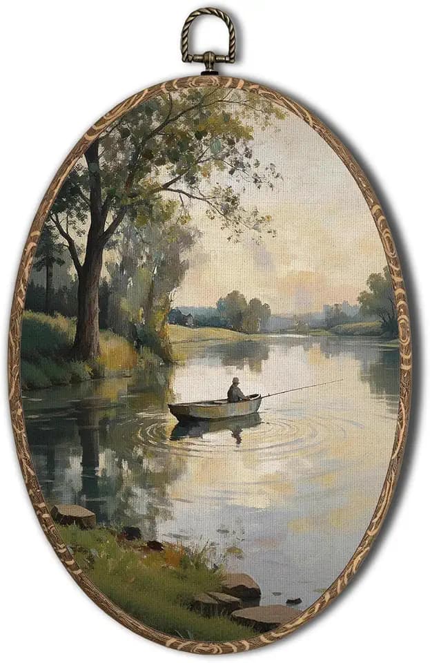 Saikociju Vintage Lake Boat Fishing Round Wall Art Decor 8.5x11.5 Inch