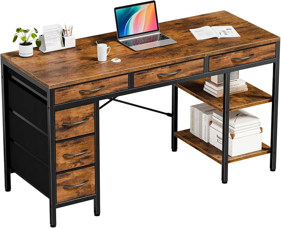 55" Computer Desk with 6 Drawers, Home Office Gaming Desks with Storage Shelves for Bedroom, Writing Study Corner Living Room Work Table Brown