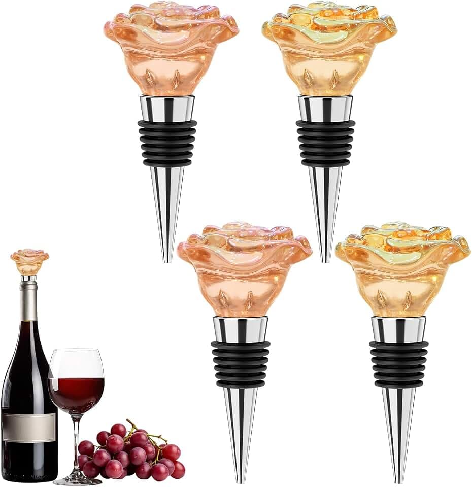 4 Pack Rose Wine Stopper, Wine Toppers for Wine Bottles Reusable Wine Corks Decorative Crystal Wine and Beverage Bottle Stopper for Wine,for Home Wedding Favors Wines Lovers