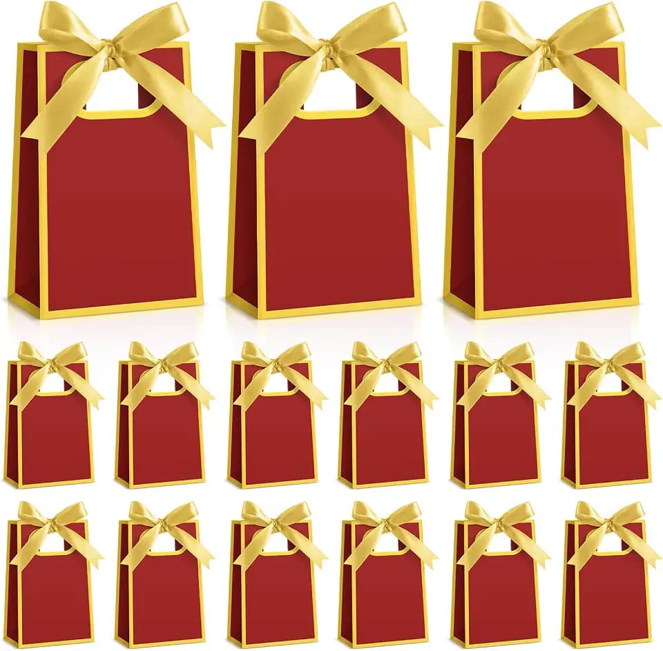 Kolldenn 24 Pcs Small Gift Bags with Bow 6.3 x 3.9 x 2.8 Inch Thank You Gift Bags Elegant Mini Paper Bag with Handles for Wedding Bridal Birthday Baby Shower Bridesmaid Party Favors(Burgundy Gold)