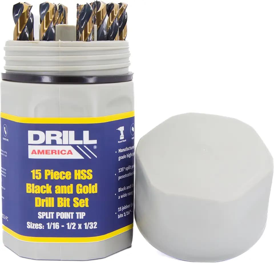 Drill America 15 Piece Heavy Dutyy High Speed Steel Drill Bit Set with Black and Gold Finish in Round Case (1/16" - 1/2" x 32nds), KFD Series