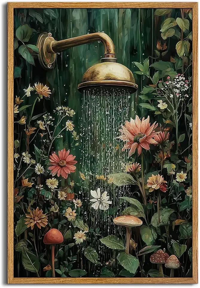 AtterrirArt Framed Bathroom Funny Wall Art, 16 * 24inch, Vintage Floral Shower Wall Decor, Cottage Core Wildflower Poster Print, Moody Botanical Canvas Wall Art For Restroom, Toilet, Ready to Hang