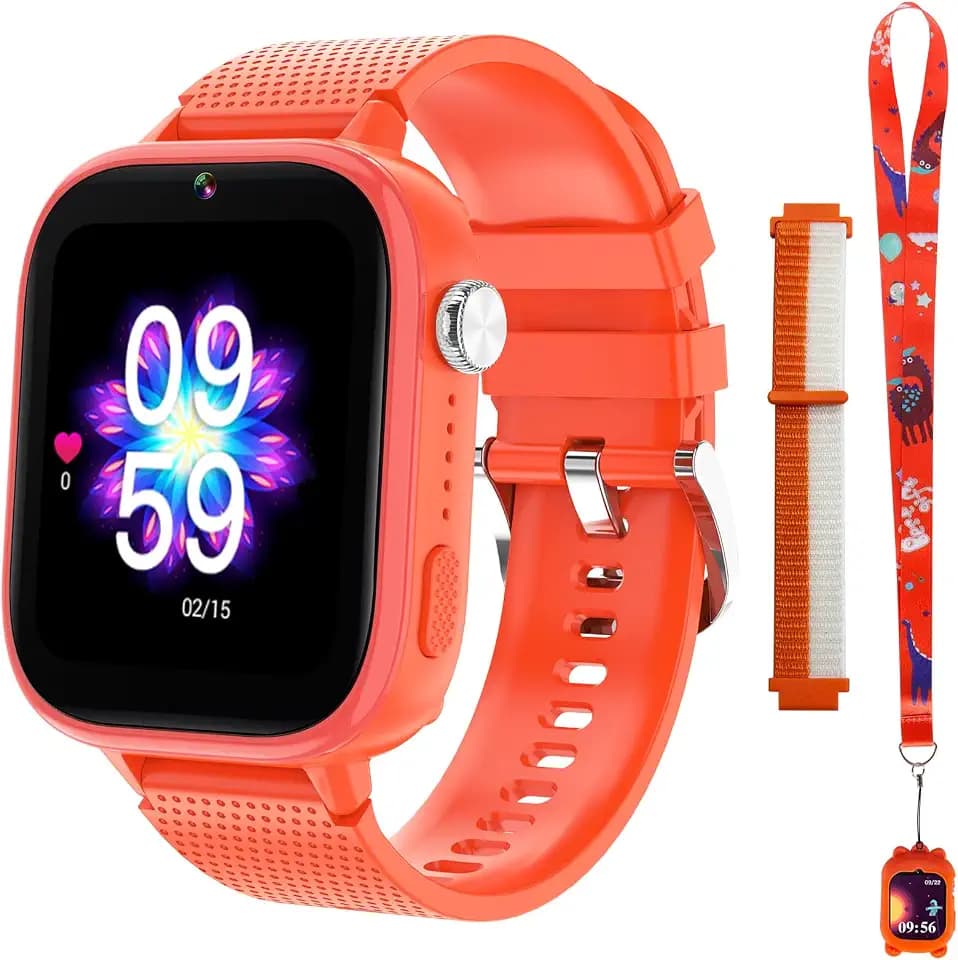 OKYUK 4G Smartwatch Kinder mit Telefon und GPS, Multifunktional Kinderuhr mit Videoanruf, Sportmodi, Wecker, Integrierter App Store, Kinder Smartwatch für Jungen und Mädchen (Orange)