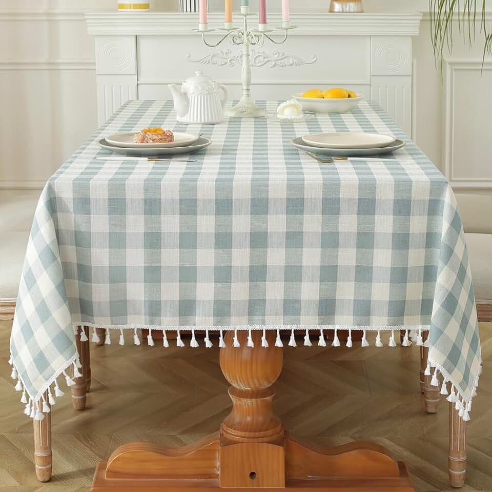Laolitou Summer Checkered Blue Tablecloth Rectangle Washable Buffalo Plaid Table Cloth with Tassel Cotton Linen Gingham Table Cover for Picnic Kitchen Dining Room, Blue, 102 Inch