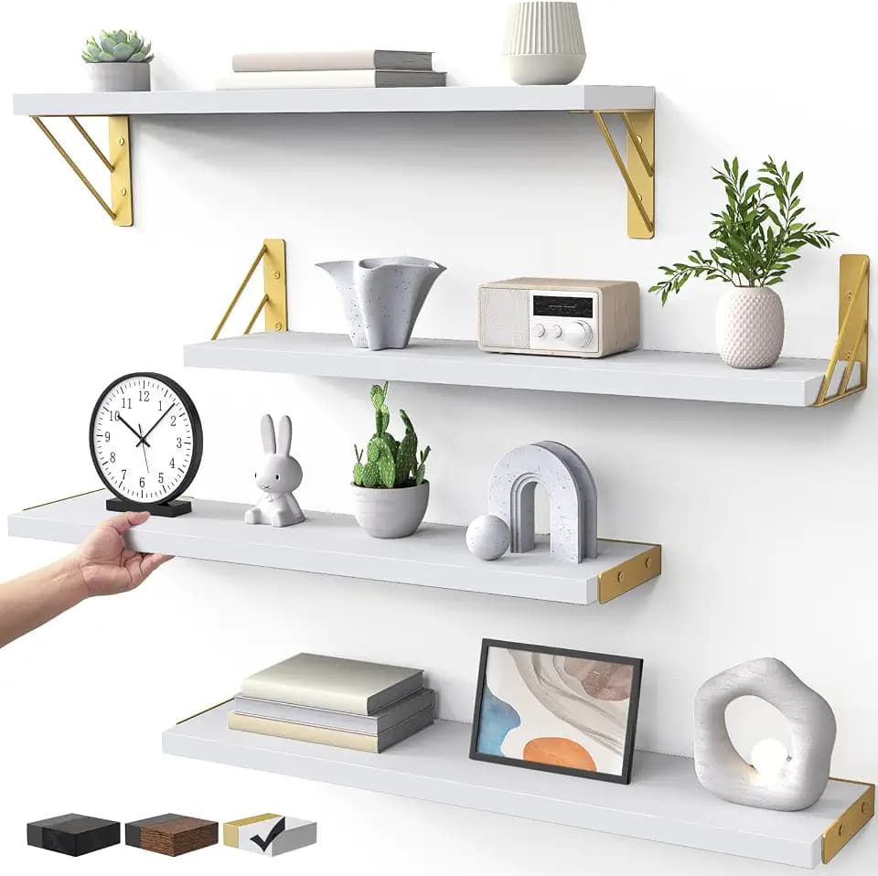 BAYKA 22.4 in Long Wall Mounted Floating Shelves (White and Gold, Set of 4)