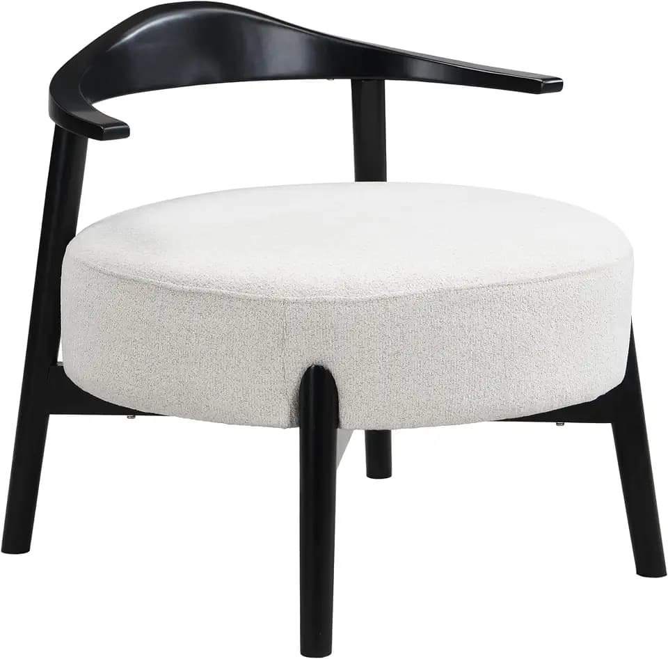 Merax Low-Back Accent Chair Mid Century Modern Upholstered Chair with Curved Backrest for Living Room Bedroom, Soft Fabric, Birch Wood, Supports 300lbs, White
