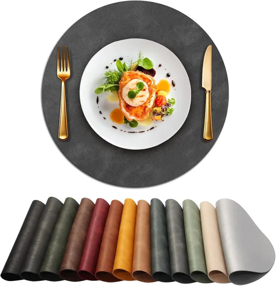 UnivoColors Placemats Round Faux Leather Placemats Set of 8-Waterproof-Wipe Clean-Heat Resistant-Anti Slip Dining Table Place Mats,Suitable for Indoor & Outdoor Use,15".Retro Dark Gray