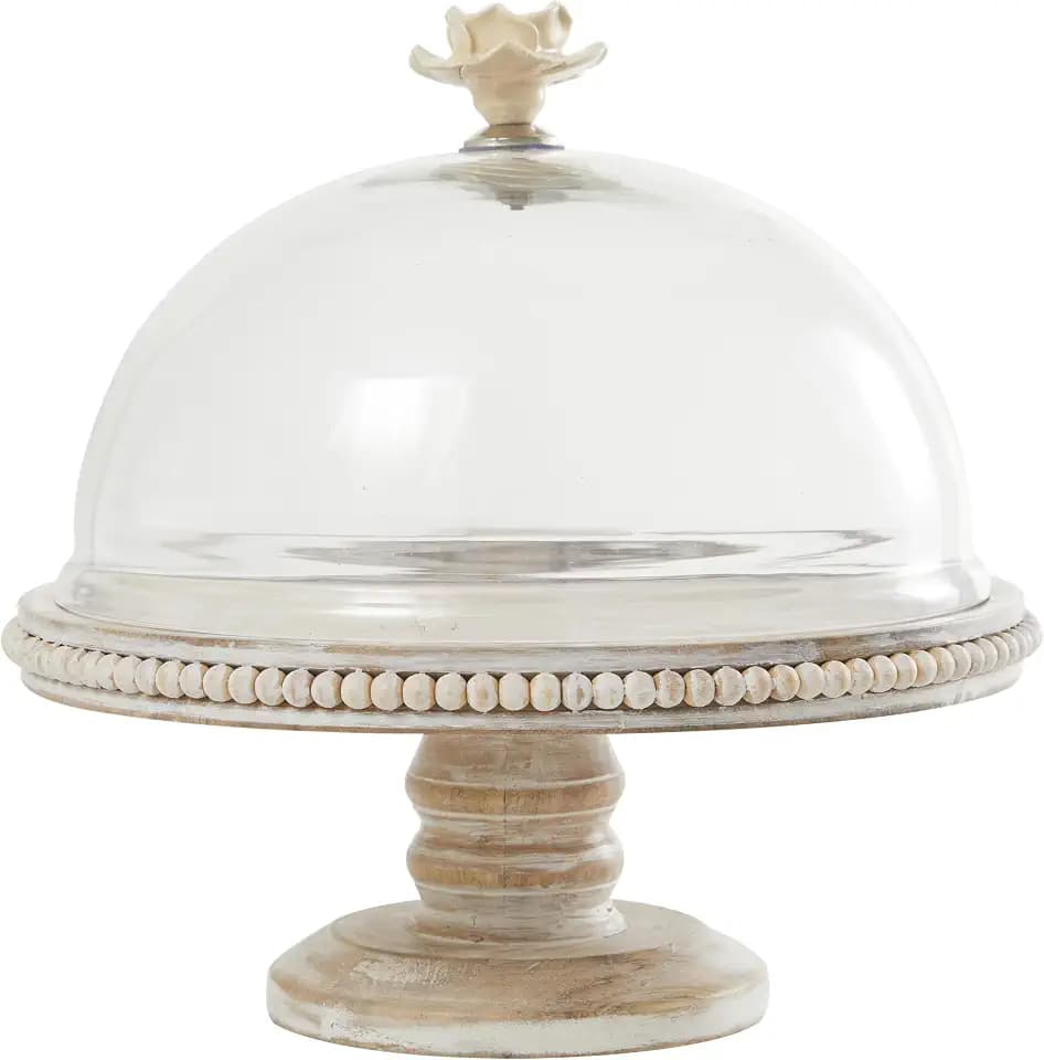 Deco 79 Mango Wood Decorative Cake Stand Cake Plate with Glass Dome, Stand 12" x 12" x 12", Cream