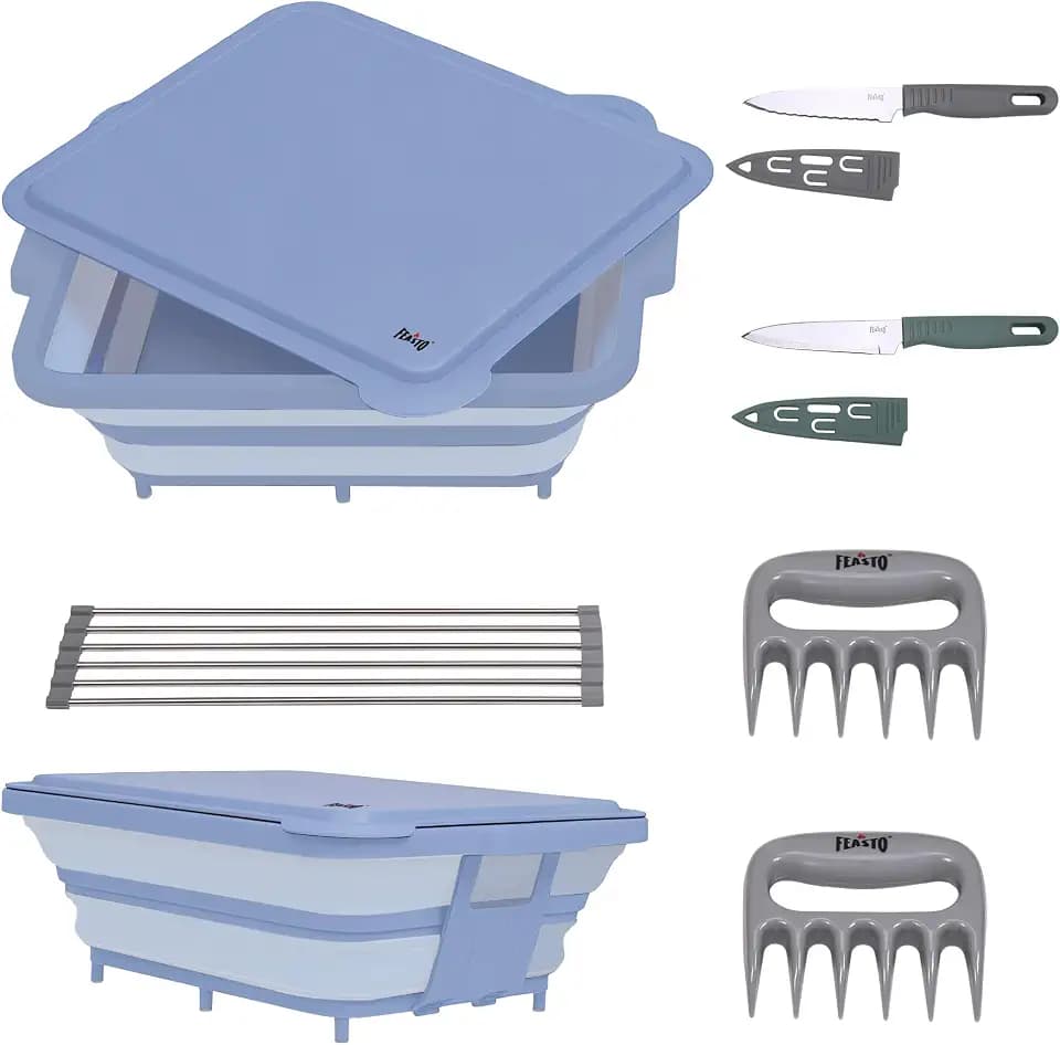 FEASTO Collapsible BBQ Prep Tubs with Cutting Board, 9-IN-1, 2 Tubs, Red & Blue (Blue)