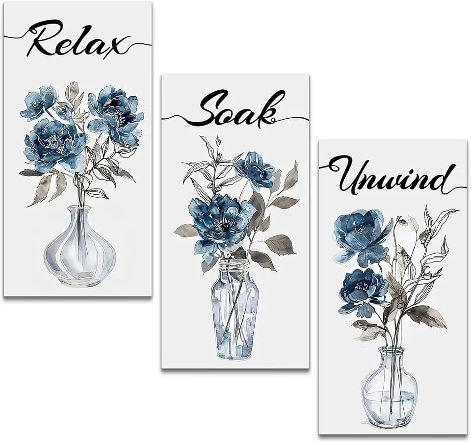 HOMEOART Blue Bathroom Pictures Wall Decor Relax Soak Unwind Vertical Art