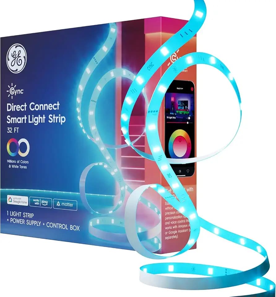 Cync GE Smart LED Strip Light, Color Changing Room Decor LED Light Strip, Works with Alexa and Google Home, Matter Compatible, LED Lights for Bedroom, Millions of Colors and White Tones, 32 Feet
