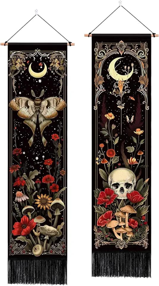 2 Pack Witchy Gothic Wall Decor, Moth Skull Tapestry for Room 12.8x51.2 in