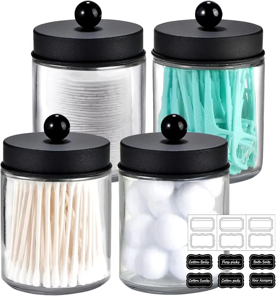 Amolliar Glass Apothecary Jar Qtip Holder Metal Lids 4pc/Black