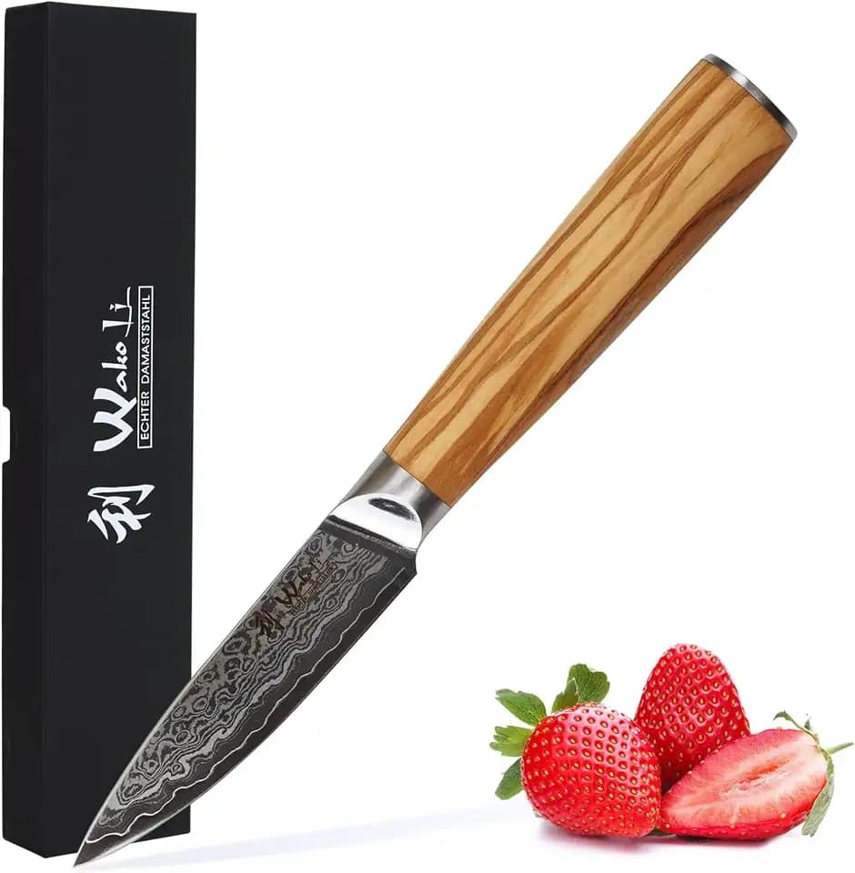 Wakoli Oribu Paring Knife, 3.4-Inch Damascus Knife Blade, Olive Wood Handle