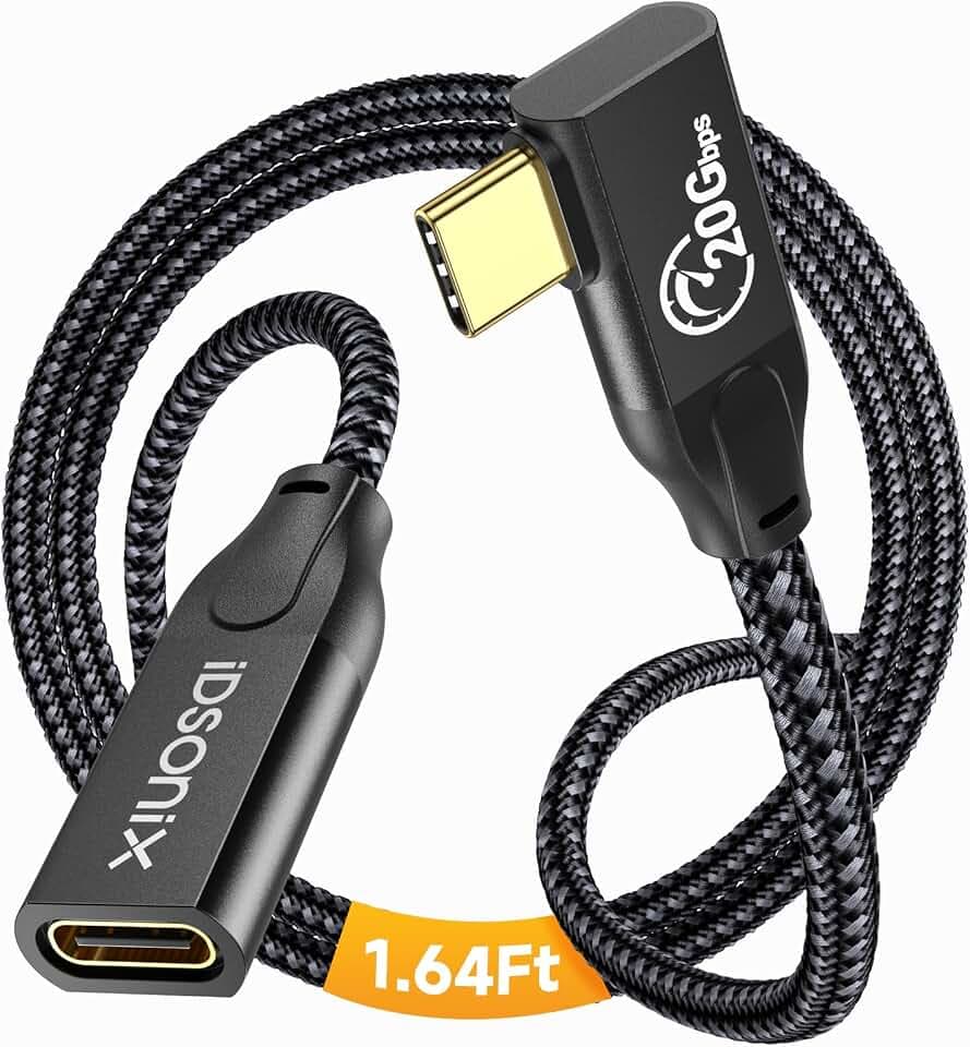 iDsonix USB C Verlängerung Kabel 0,5m Rechter Winkel(20 Gbit/s), 4k@60Hz/100W Schnellladung, Type C 3.2 Gen2*2 Verlängerungskabel Kompatibel mit Hub/Docking Station/Laptop/Tablet