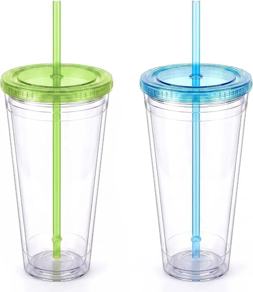 Zukro Clear Double Wall Plastic Tumbler with Lid and Straw 32 oz, 2 Pack