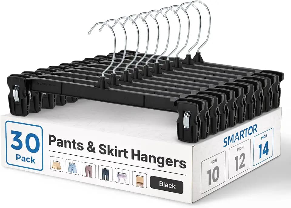 Smartor Black Pants Hangers 30 Pack, Skirt Hangers with Clips, 14 Inch