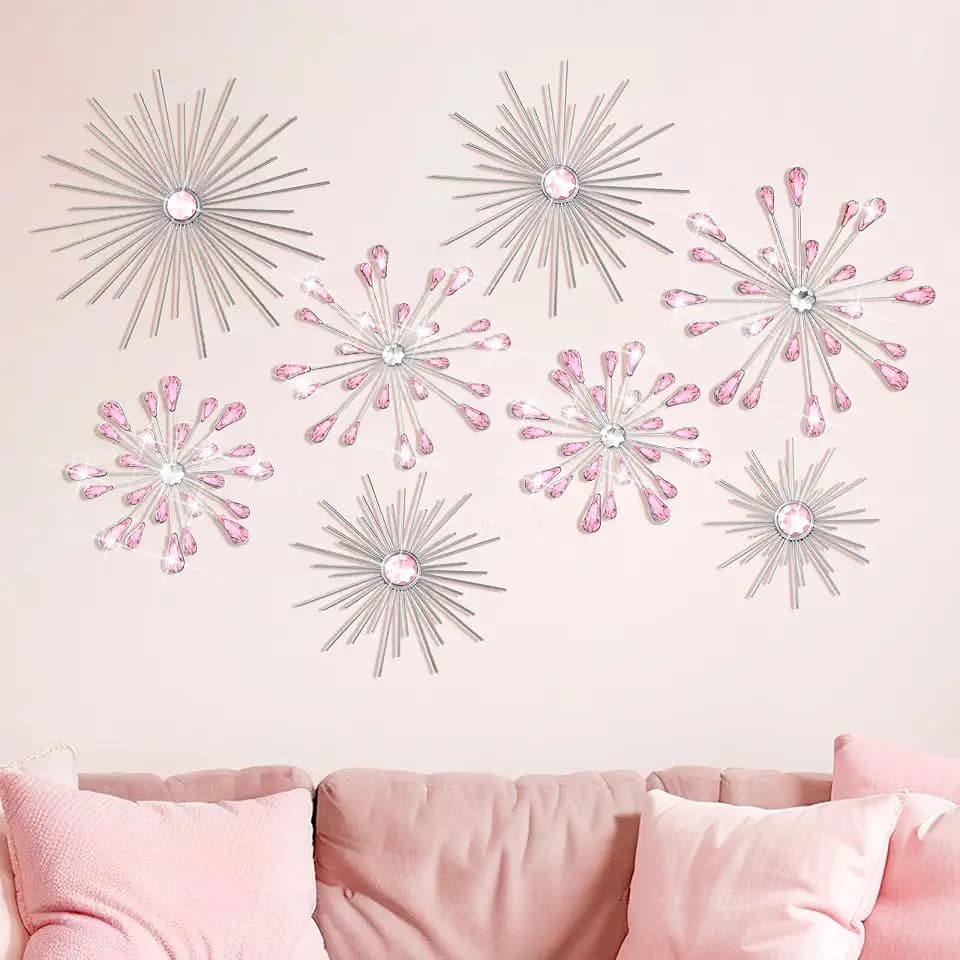 Blulu 8 Pcs Pink Metal Wall Art Cast Iron Starburst Wall Decor Bling Crystal Sculptures Living Room 3D Teardrop Radial Rhinestone Hanging Diamond Accents for Home Office Bedroom Entryway
