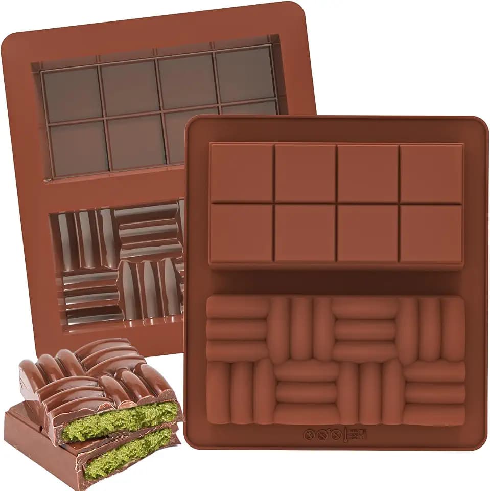 Kamehame Dubai Chocolate Bar Molds 2 Pack, 1 Inch Deep Silicone Chocolate Molds for Stuffed Bar, 2 Patterns Big Chocolate Thick Candy Bar Mold for Homemade Filling Knafeh Pistachio Chocolate Bar