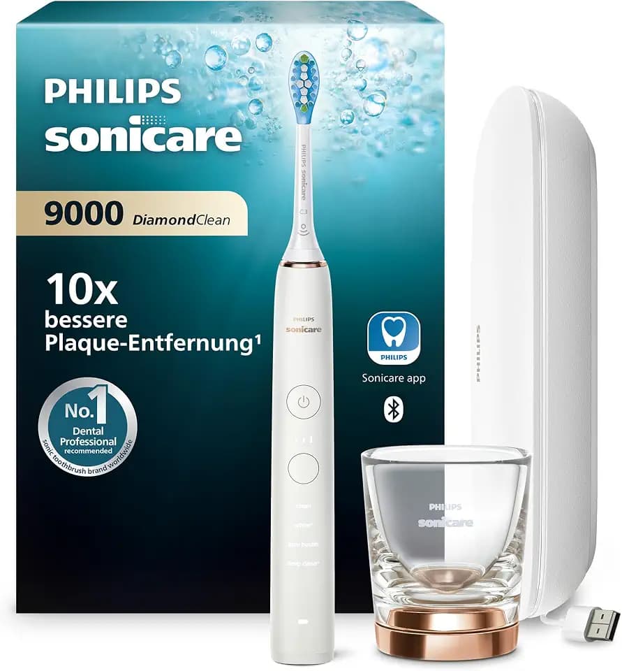 Philips Sonicare DiamondClean 9000 elektrische Zahnbürste, Schallzahnbürste mit App, Drucksensor, 4 Putzmodi, 3 Intensitätsstufen, Ladeglas und USB-Reiseetui, Roségold, Modell HX9911/94