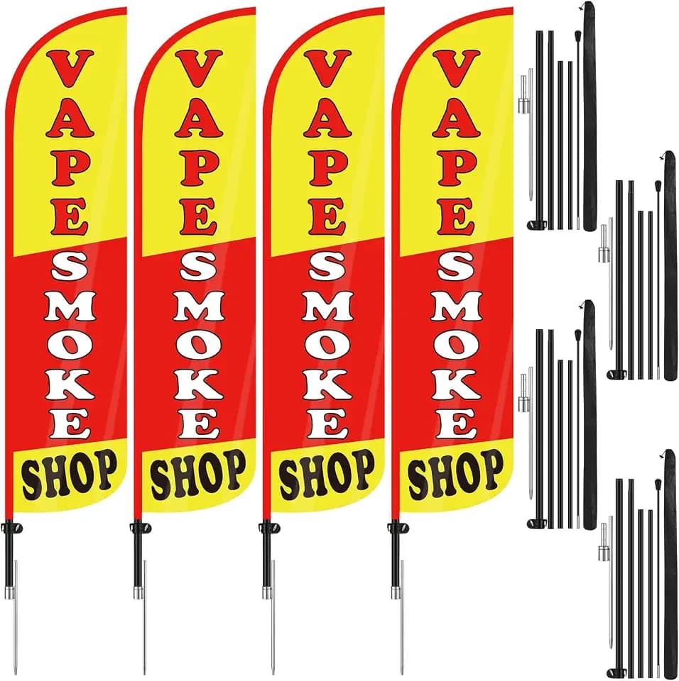 Hahafelt 4 Pack 15 Feet Smoke Shop Flags Feather Signs Smoke Shop Swooped Banners with Flag Pole Kit for Outside Outdoor Business Advertising Decoration