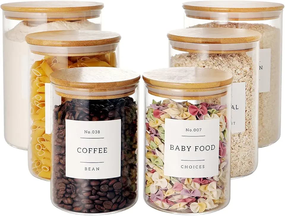 CZZGSM Set of 6 Glass Flour and Sugar jars with 132 Kitchen Pantry Labels - Thicken Large Glass Storage containers with Airtight Bamboo Lid - Rice Canisters for Salt Coffee - 100OZ/54OZ/27OZ