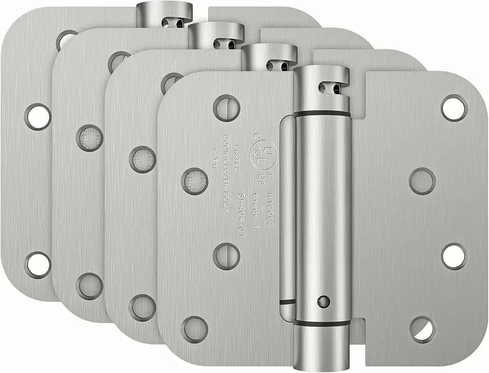 HOSOM 4 Pack Self Closing Door Hinges Brushed Nickel, 4 Inch 5/8'' Radius Corners Spring Door Hinge, Adjustable Tension for Garage, Front Door, Back Door, UL Listed, for Left and Right Hand Door