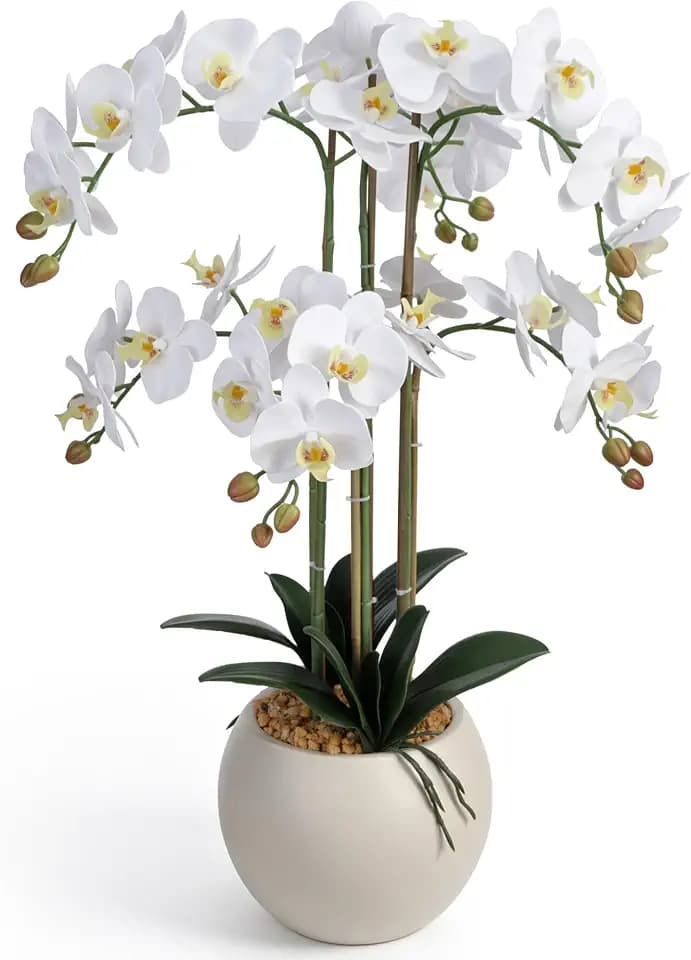 Artificial Orchid Flowers 28 Inch in Pot Look Real Fake White Phalaenopsis Potted Faux Plant for Home Office Indoor Outdoor Decor